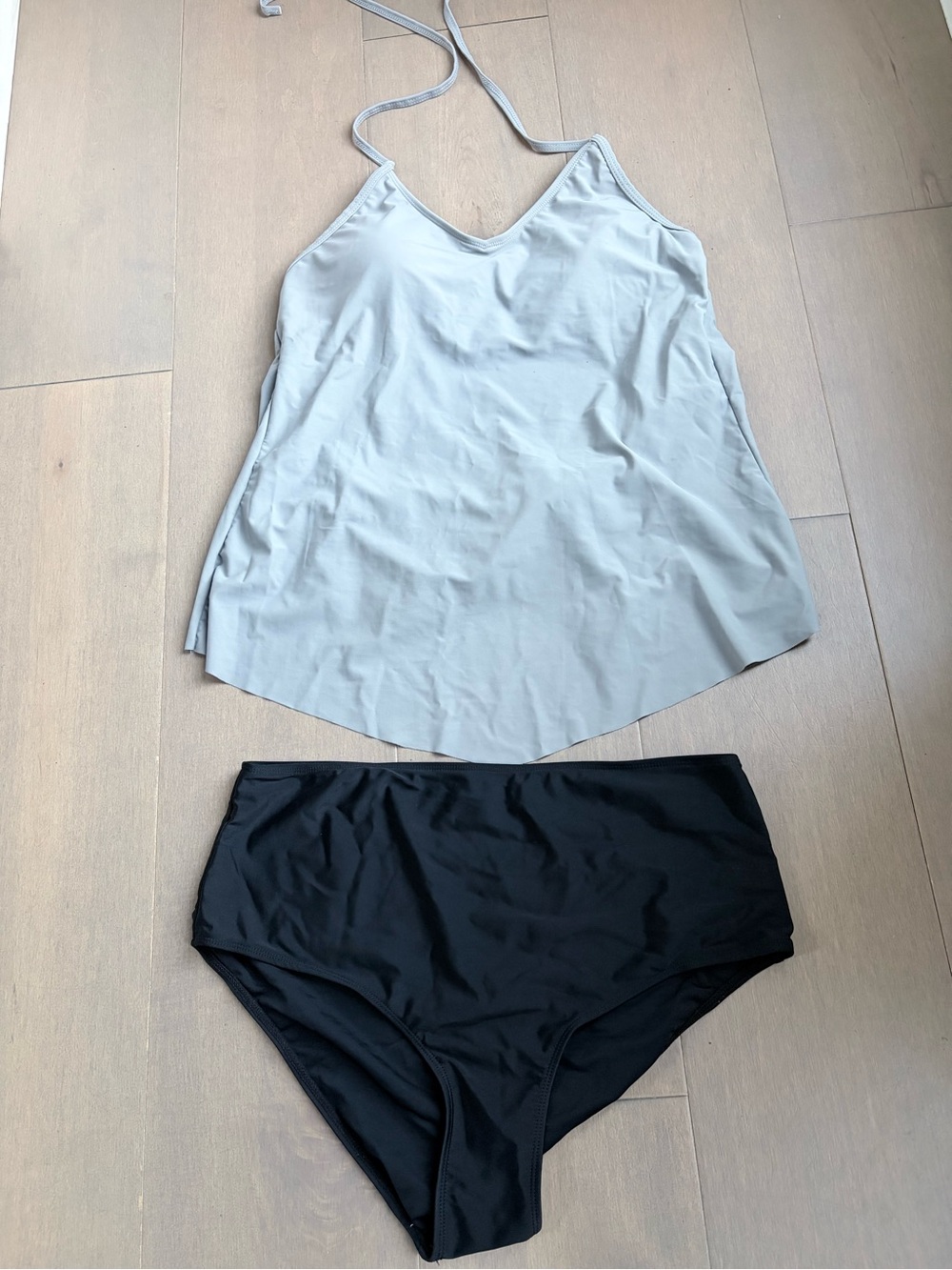 Women's Two-Piece Swim Tankini Set - Light Gray Top & Black Bottom